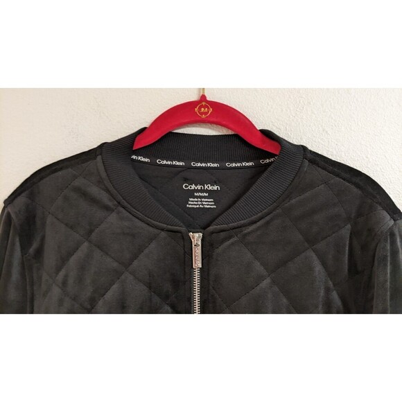 Women's CALVIN KLEIN Black Velour Quilted Full Zip Moto Jacket M - Picture 2 of 12